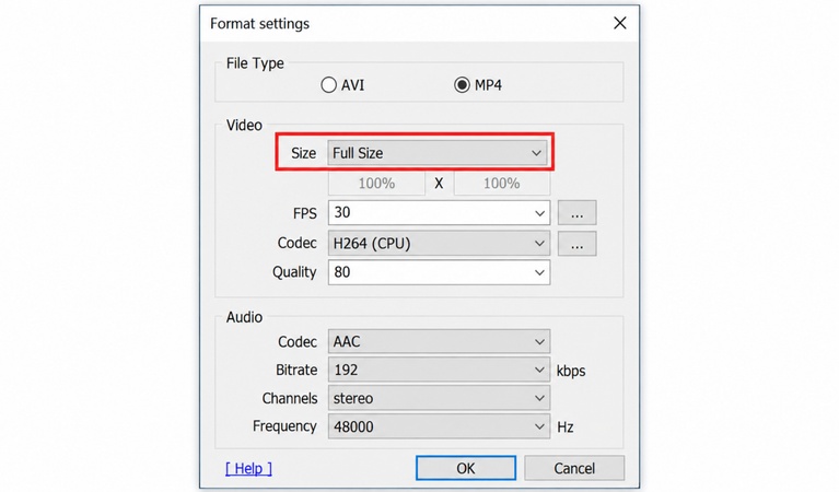 「サイズ」を「Full Size」または希望する解像度に設定する