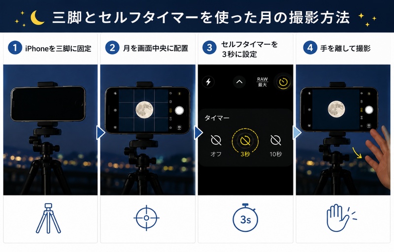 三脚でiPhoneを固定して月を撮影する方法