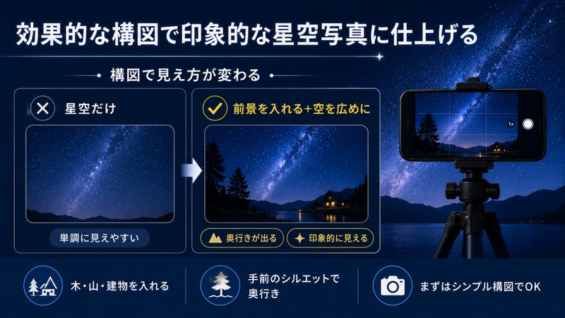 効果的な構図で印象的な星空写真に仕上げる