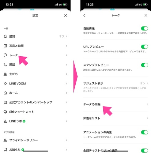 「トーク」画面で「データの削除」をタップする