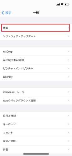 「一般」→「情報」をタップする