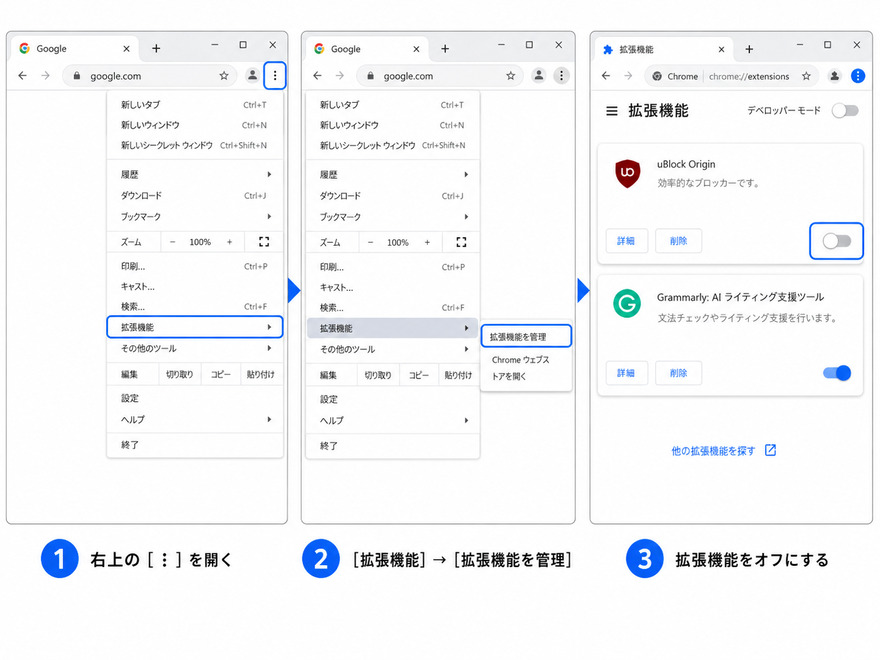 Chromeで拡張機能を無効にする