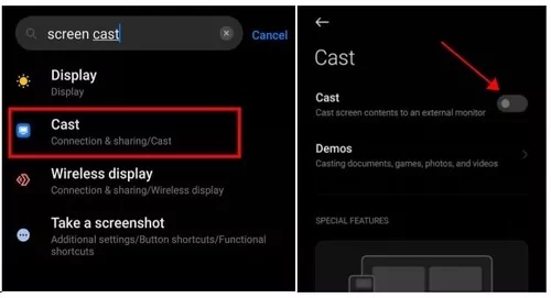 画面ミラーリングまたはキャストをオフにする操作