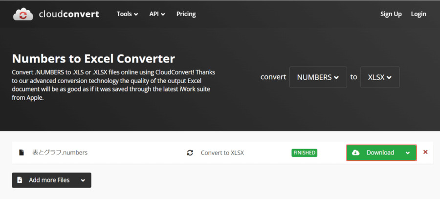 CloudConvertでNumbersファイルをExcelに変換