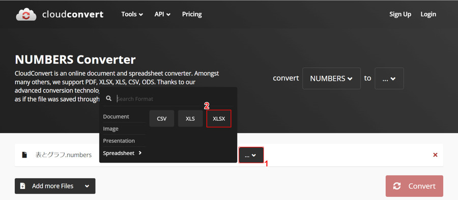 CloudConvertでXLSXを選択