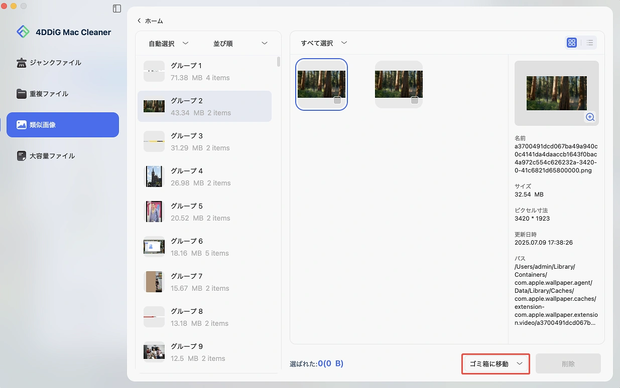 類似写真の選択と削除