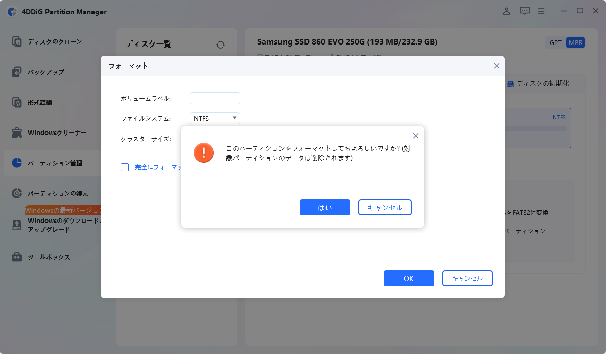 パーティションをフォーマットする前にデータ損失を確認