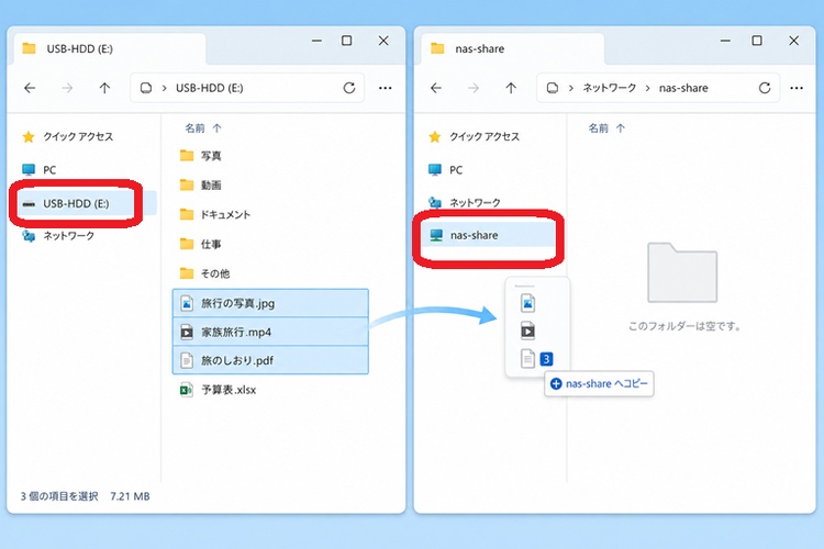 バックアップ元フォルダからNASの共有フォルダへコピー