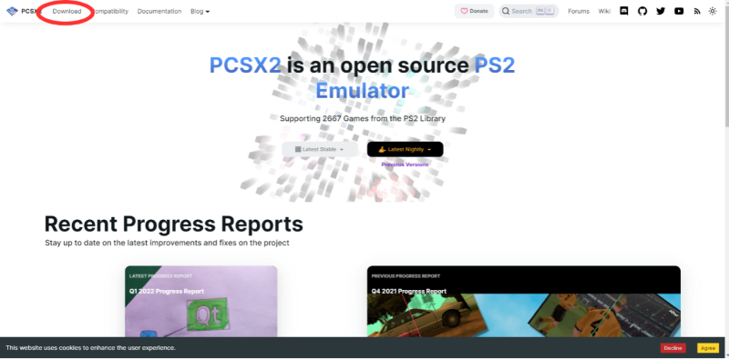 PCSX2をダウンロード：「Downloads」をクリックします