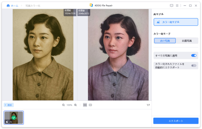 白黒写真のカラー化を確認する