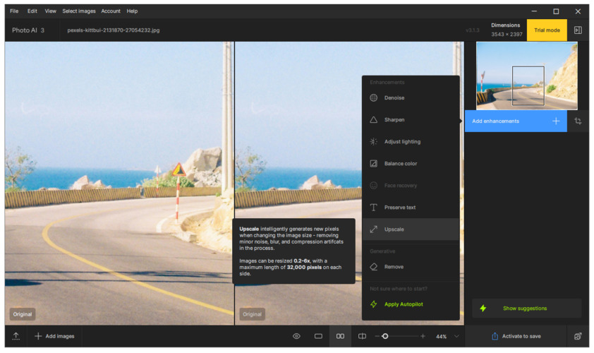 Topaz Photo AIで「Upscale」機能を選択