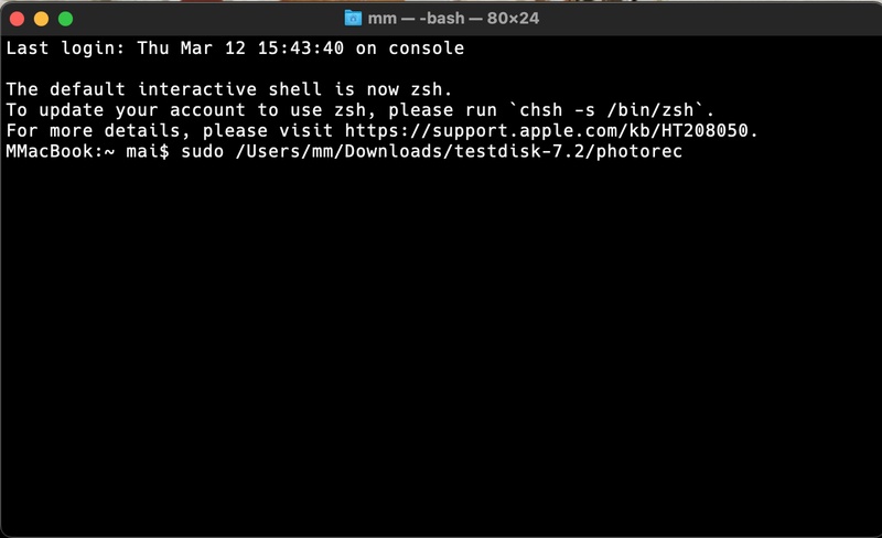 「sudo ./photorec」と入力