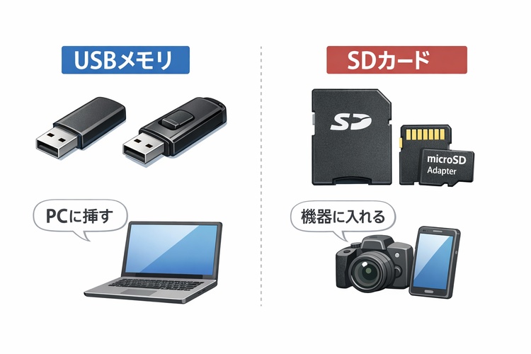 「USBメモリ」や「SDカード」とは