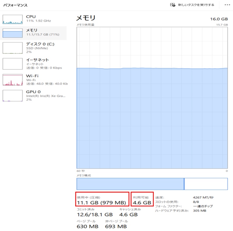 利用可能なメモリ容量が増加したか確認