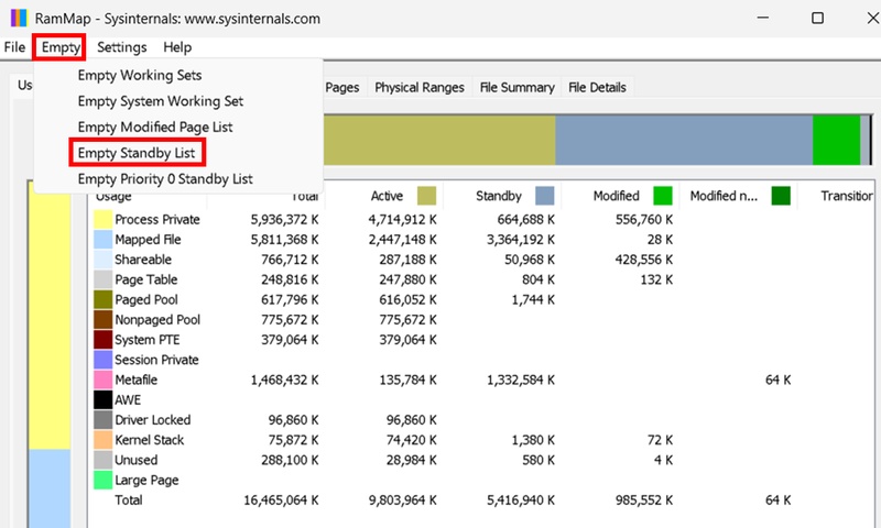RAMMap으로 대기 메모리 해제