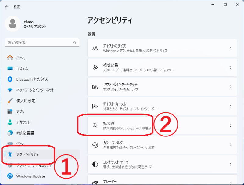 「拡大鏡」を選択
