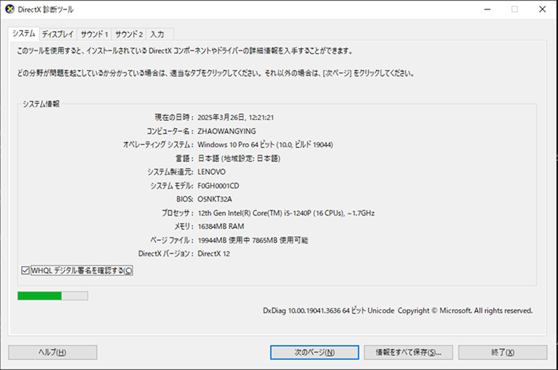 DirectX 診断ツールが起動