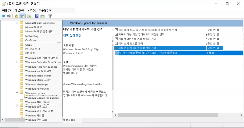 대상 기능 업데이트 프로그램 버전을 선택하기' 열기