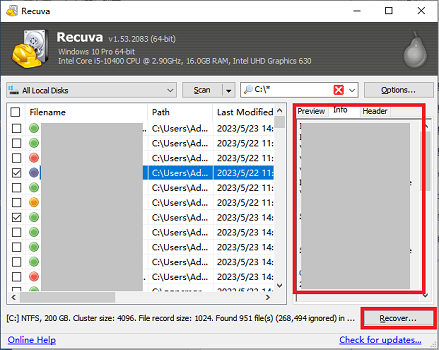 복구 버튼 클릭