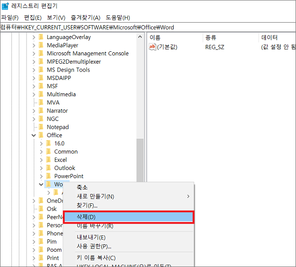 워드 데이터 레지스트리 서브키 삭제하기