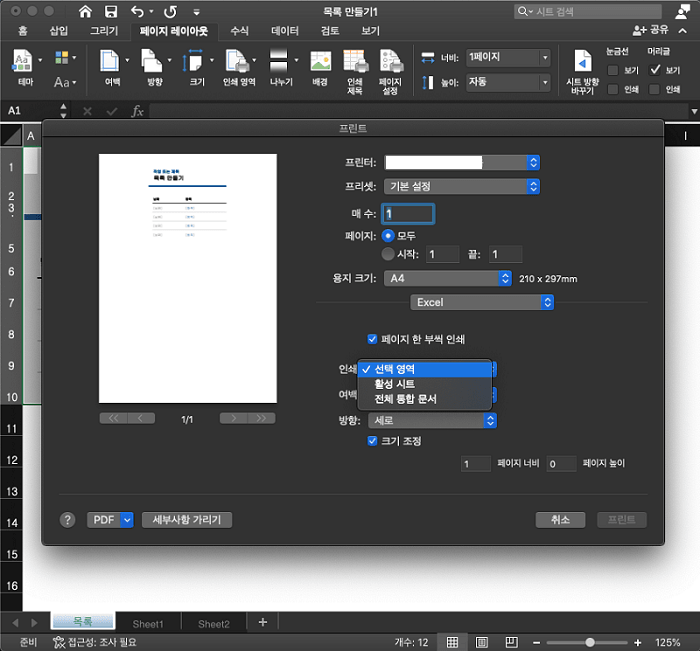 엑셀에서 선택 범위를 1페이지 PDF 파일로 저장