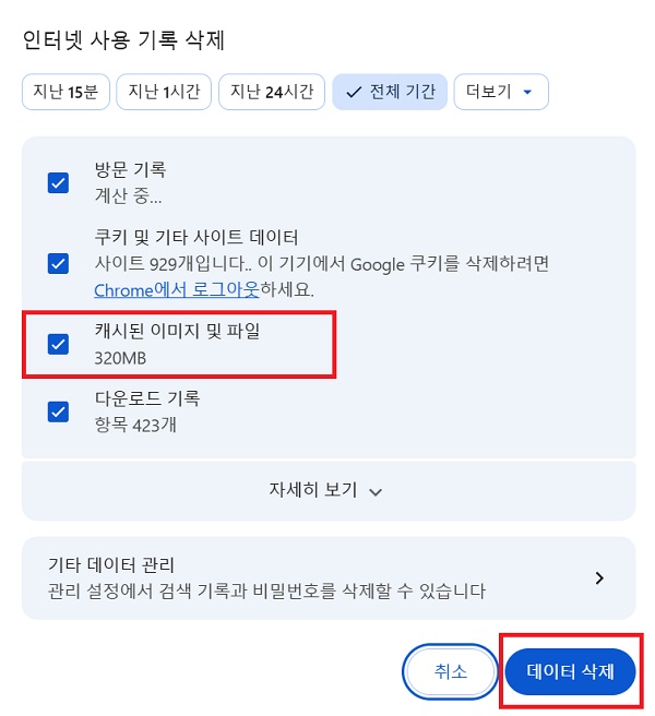 '캐시된 이미지 및 파일'에 체크한 뒤 '데이터 삭제' 클릭하기