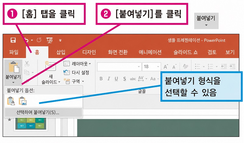 텍스트를 '선택하여 붙여넣기'로 다시 붙여넣기