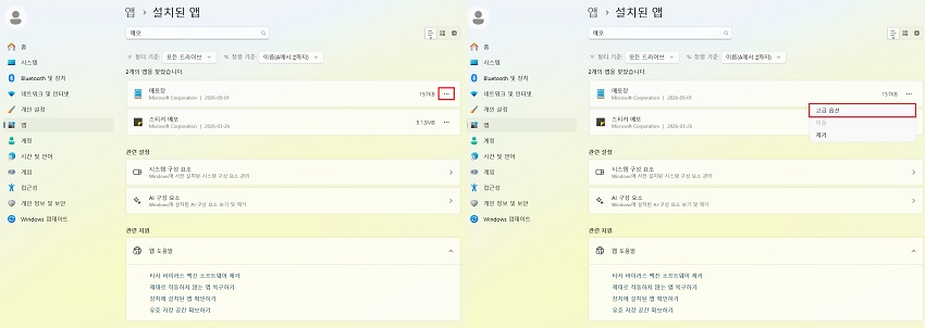 메모장 옆의 '...'을 클릭하고 '고급 옵션' 선택