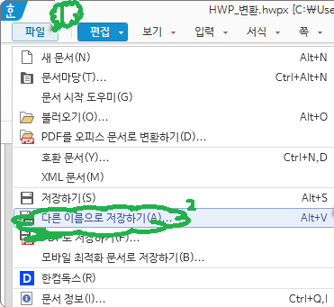 파일 메뉴에서 '다른 이름으로 저장' 선택