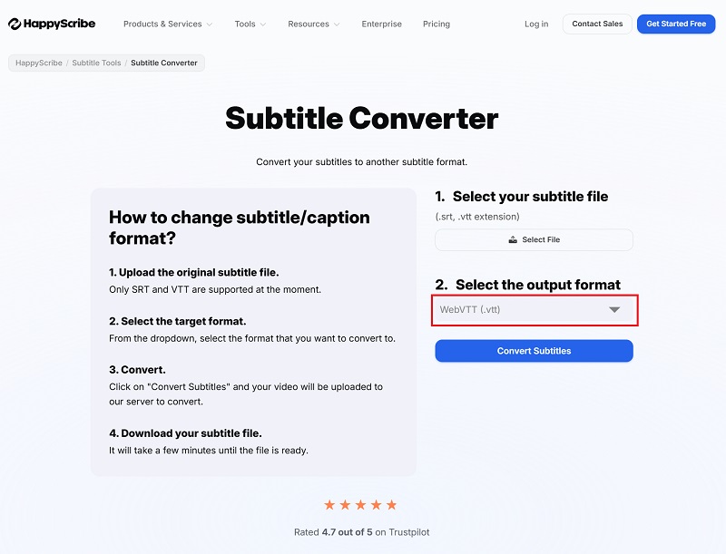 Happy Scribe의 'Convert SRT to VTT' 페이지 열기