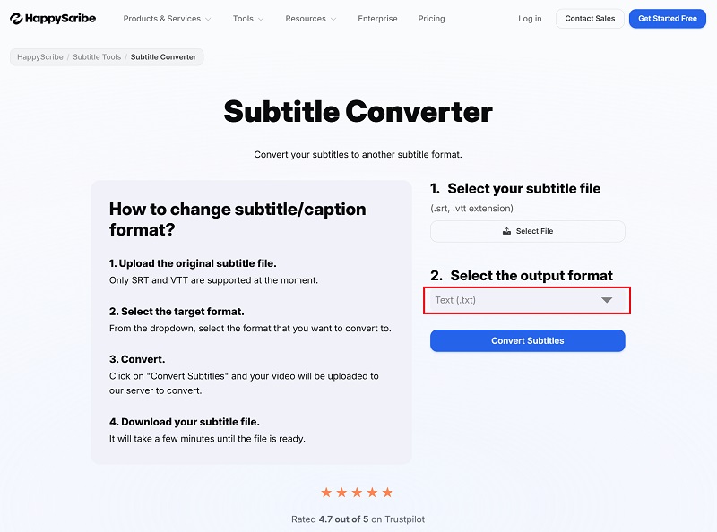 Happy Scribe의 'Convert SRT to Text' 페이지 열기