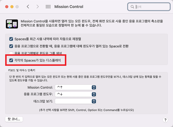 각각의 Spaces가 있는 디스플레이 체크 해제