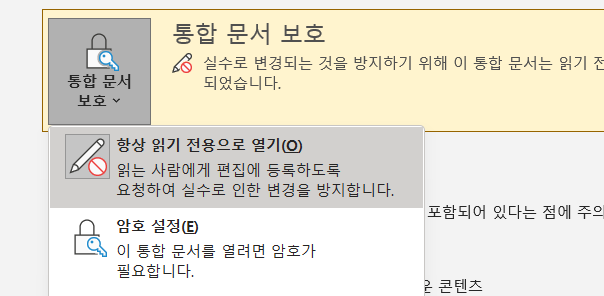 엑셀 읽기 전용으로 설정