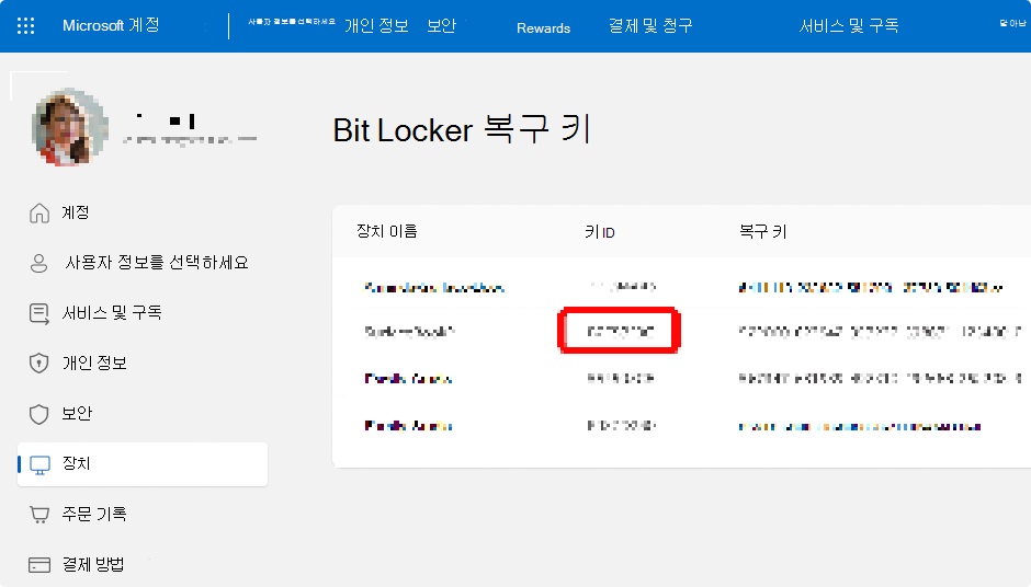 Microsoft 계정에서 확인할 수 있는 BitLocker 복구 키 목록