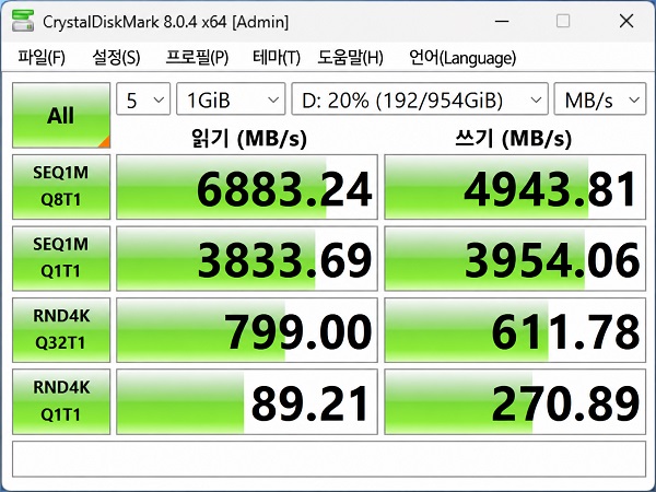 CrystalDiskMark 측정 결과 화면