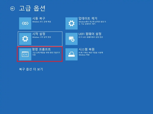 Windows 복구 환경에서 명령 프롬프트 선택