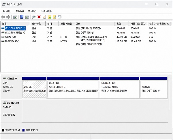 Windows 디스크 관리 시작 화면
