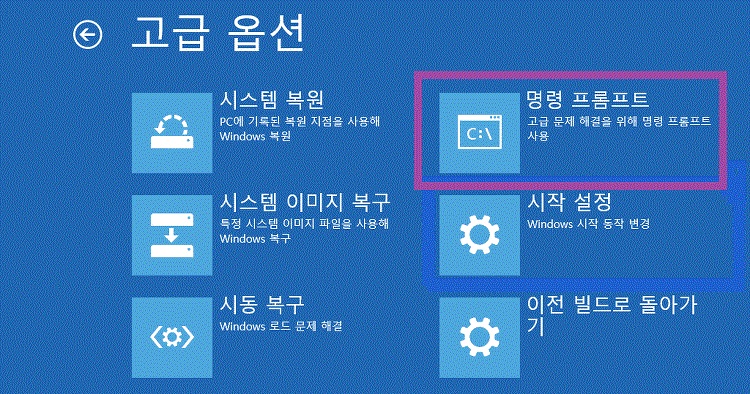 Windows 고급 옵션 화면에서 명령 프롬프트 선택