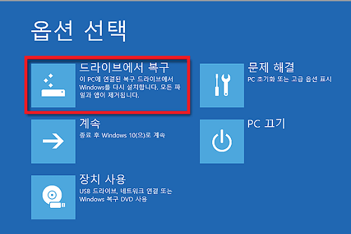 드라이브에서 복구 옵션 선택