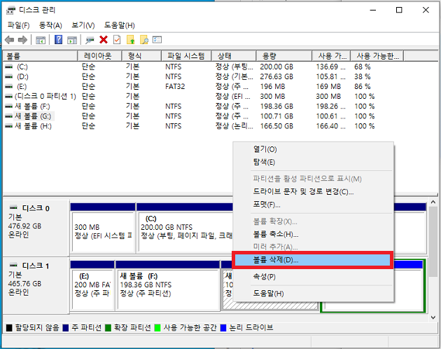 디스크 관리자를 통해 파티션 합치기 - 볼륨 삭제 선택