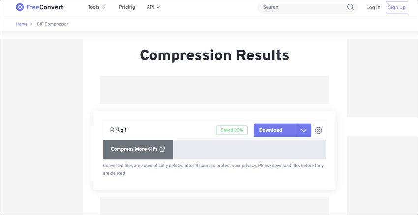 GIF 용량 줄이기 사이트 FreeConvert로 압축된 gif 파일 저장
