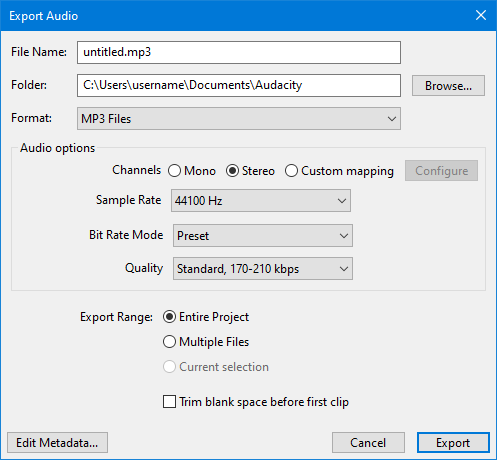 Audacity에서 MP3 파일로 내보내는 화면