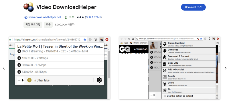 크롬 동영상 다운로드 확장 프로그램 Video DownloadHelper