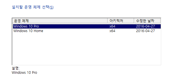 설치할 운영 체제 선택