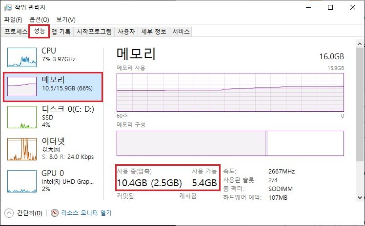 사용 가능한 메모리 증가 여부 확인