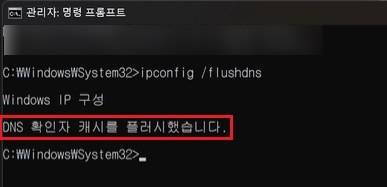 DNS 캐시 삭제 완료 메시지