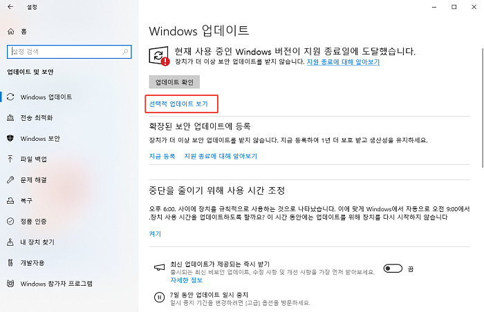 선택적 업데이트 화면