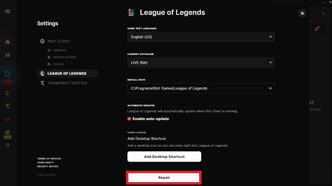 Riot Client 설정 메뉴에 표시된 복구 버튼