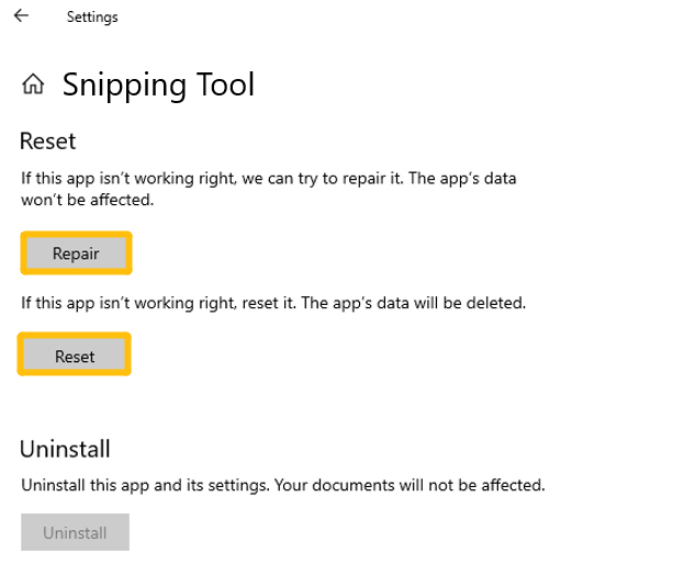 「Snipping Tool」 설정 리셋