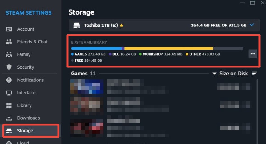 Steam 저장 공간 설정에서 게임 설치 위치를 확인하는 화면